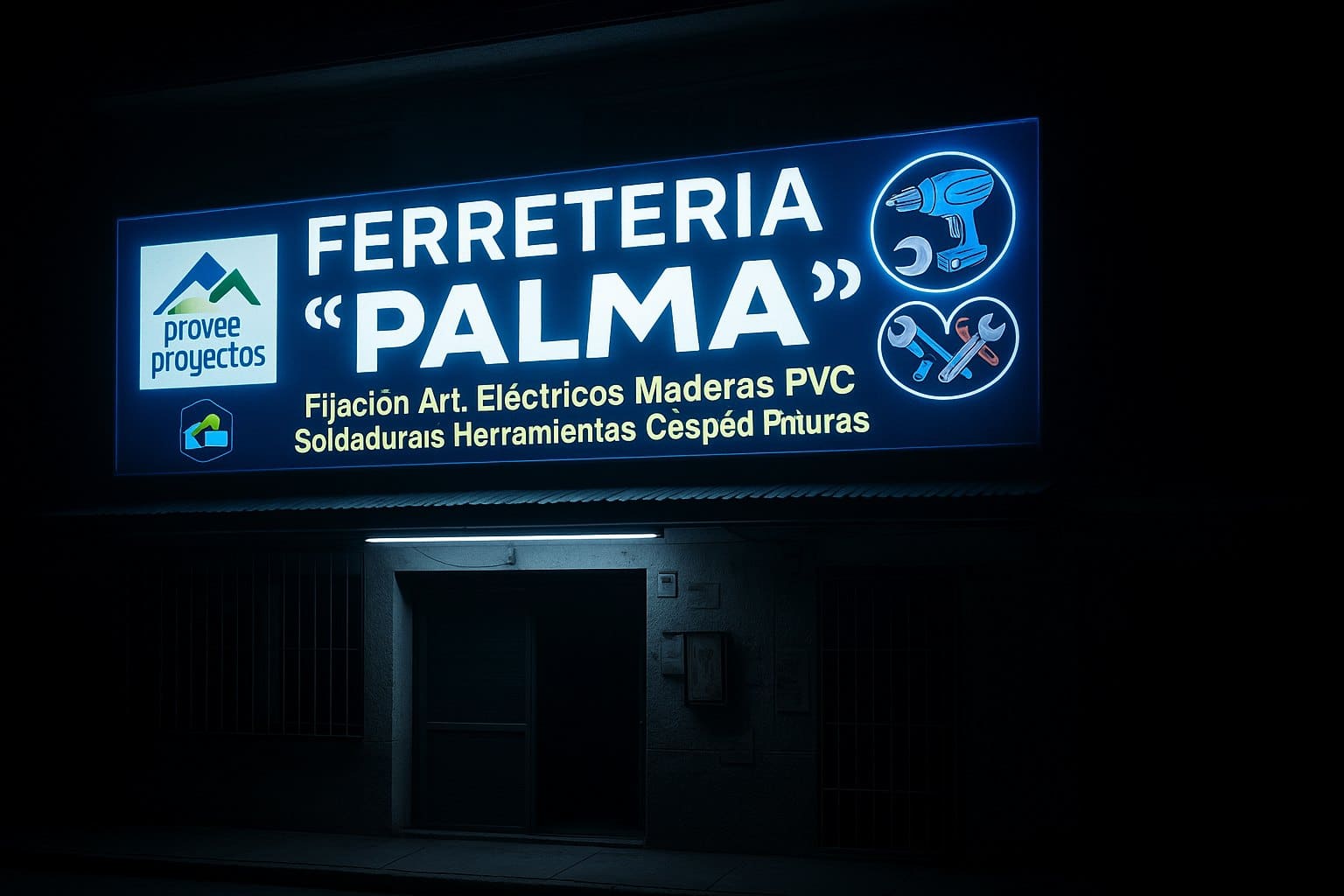 Diseño moderno de cartel para ferretería con logo e iluminación LED