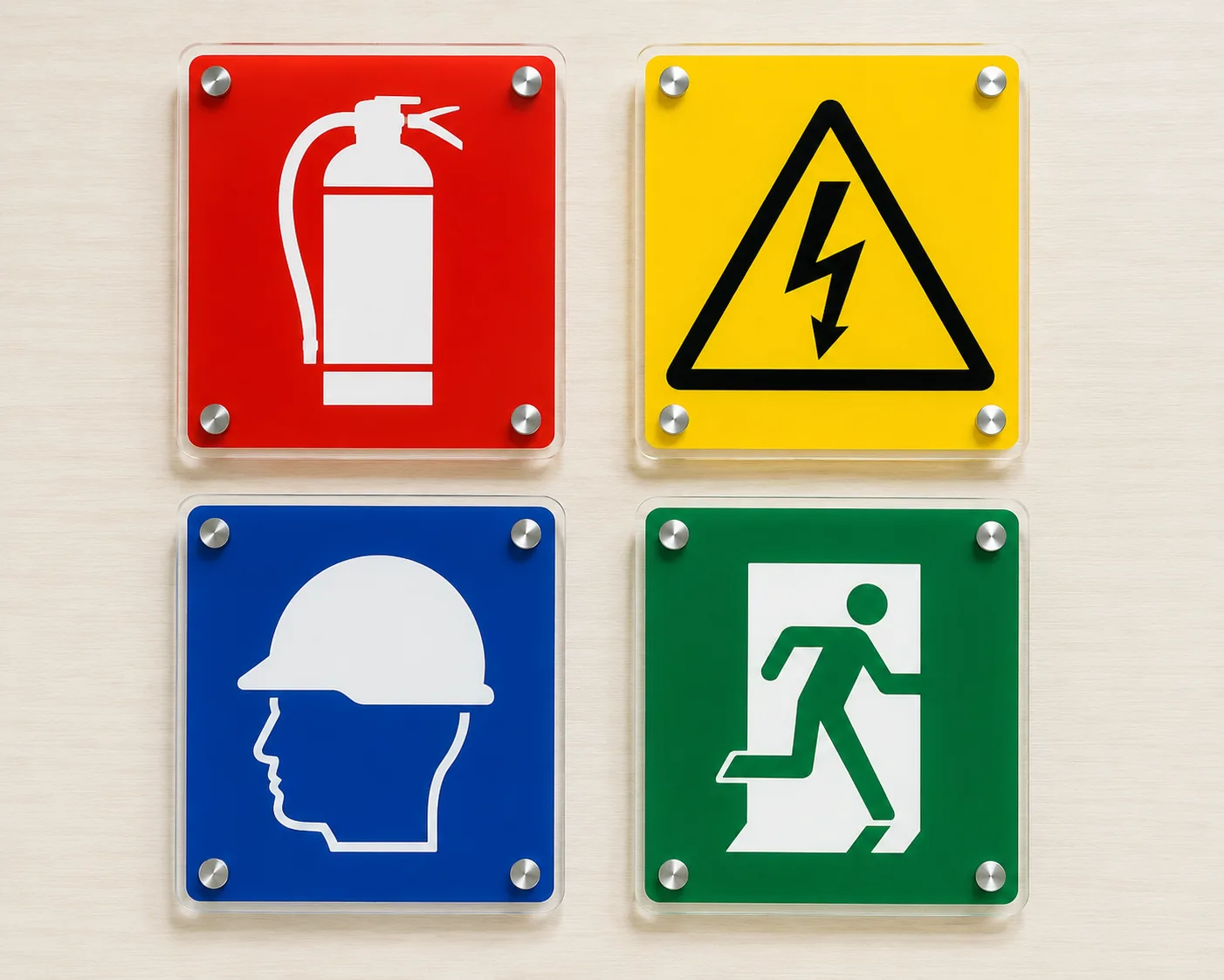 Comparación de las cuatro combinaciones de color normadas para señalética de seguridad