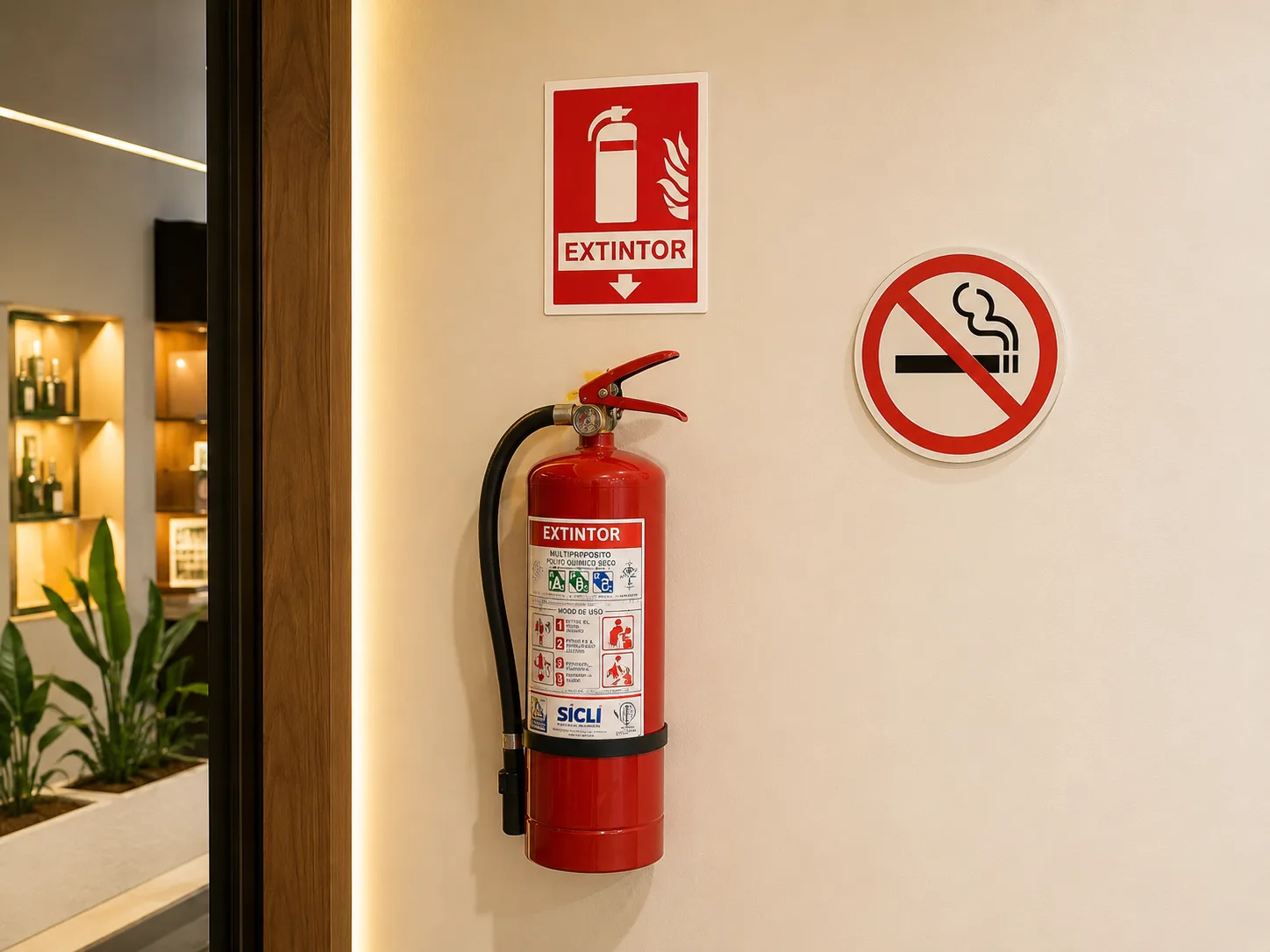 Extintor con señal roja de equipo contra incendio junto a señal de prohibido fumar
