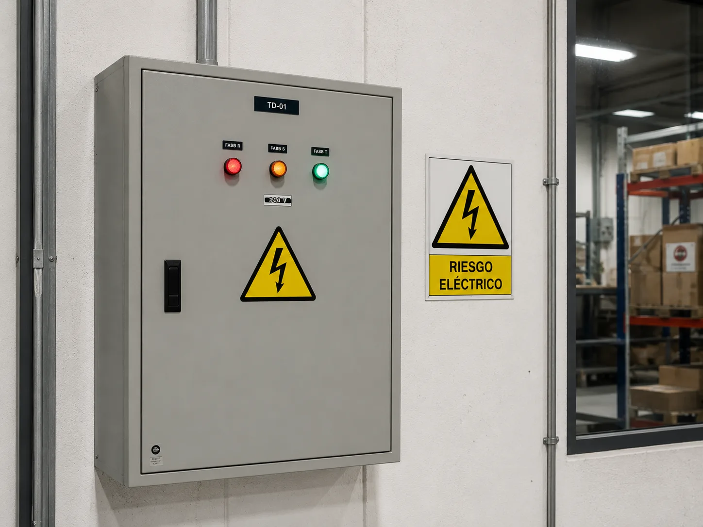 Señal triangular amarilla de riesgo eléctrico sobre un tablero eléctrico