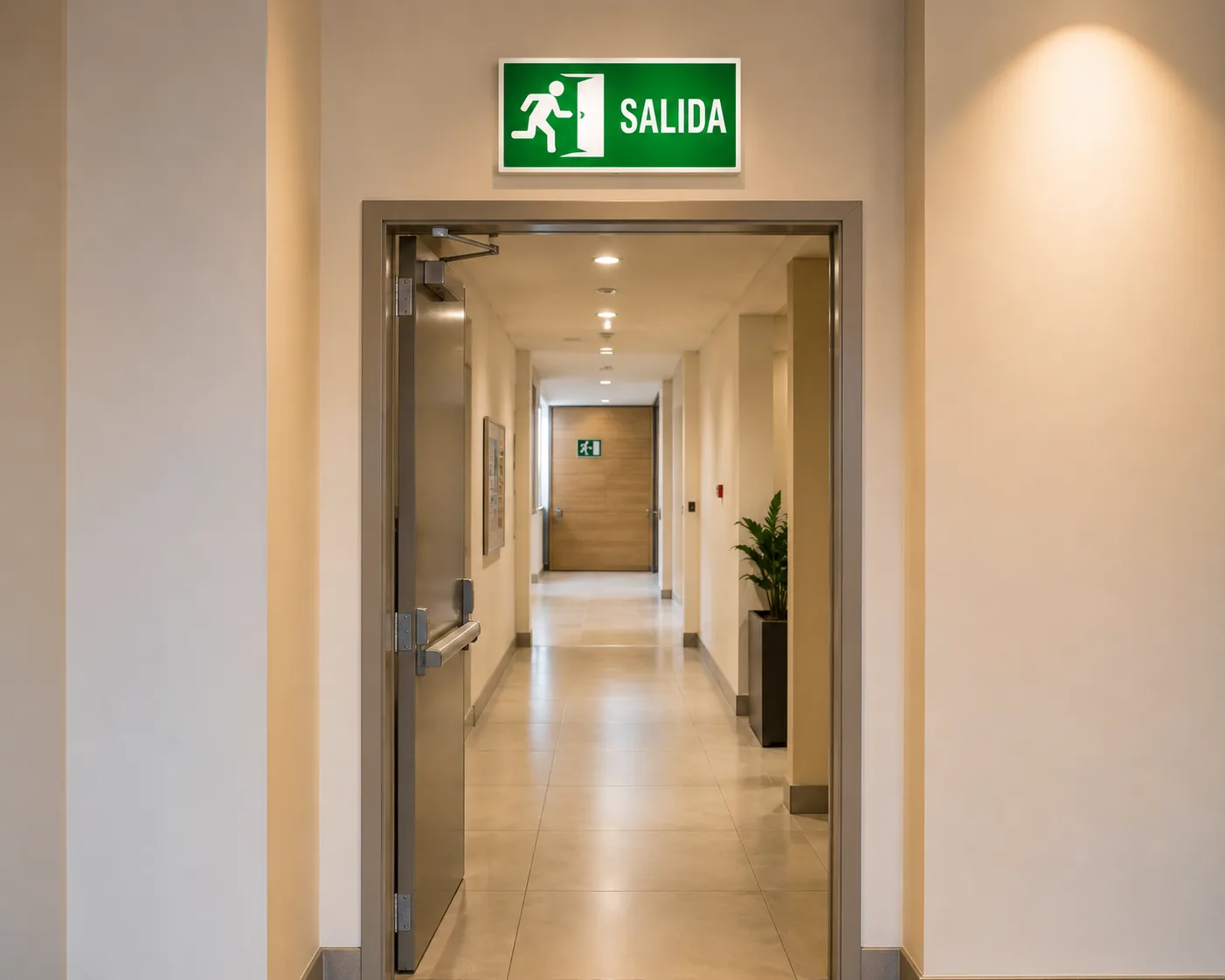 Señal verde de salida de emergencia fotoluminiscente sobre una puerta