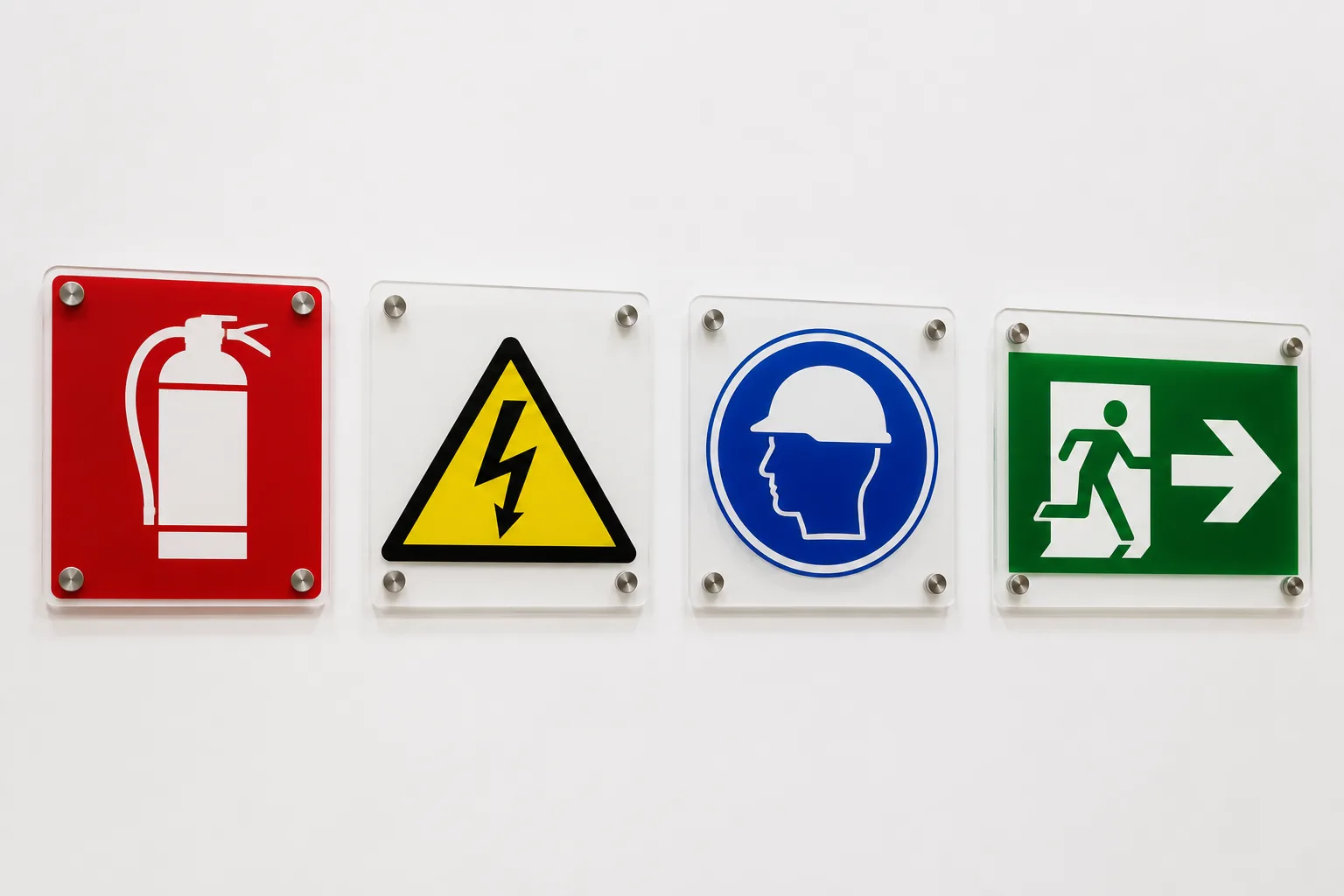 Set de señales de seguridad en los 4 colores normados: rojo, amarillo, azul y verde