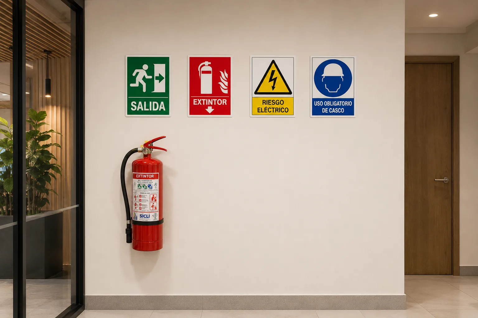 Señalética de seguridad completa instalada en un local comercial peruano antes de una inspección ITSE