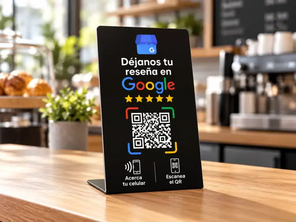 Display NFC con QR para reseñas de Google sobre el mostrador de una cafetería