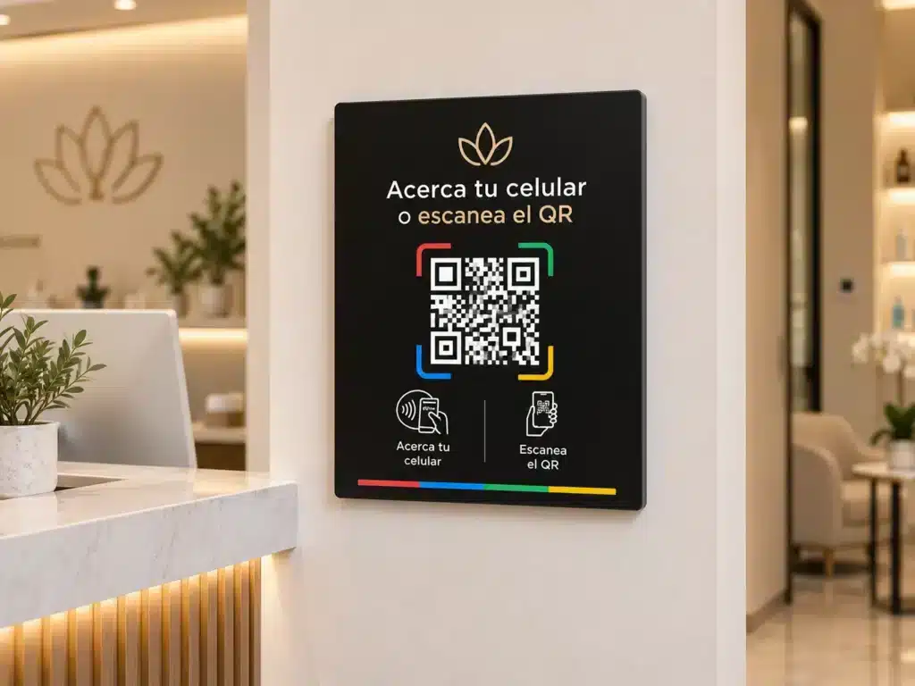 Placa NFC con QR instalada en la pared de la recepción de una clínica