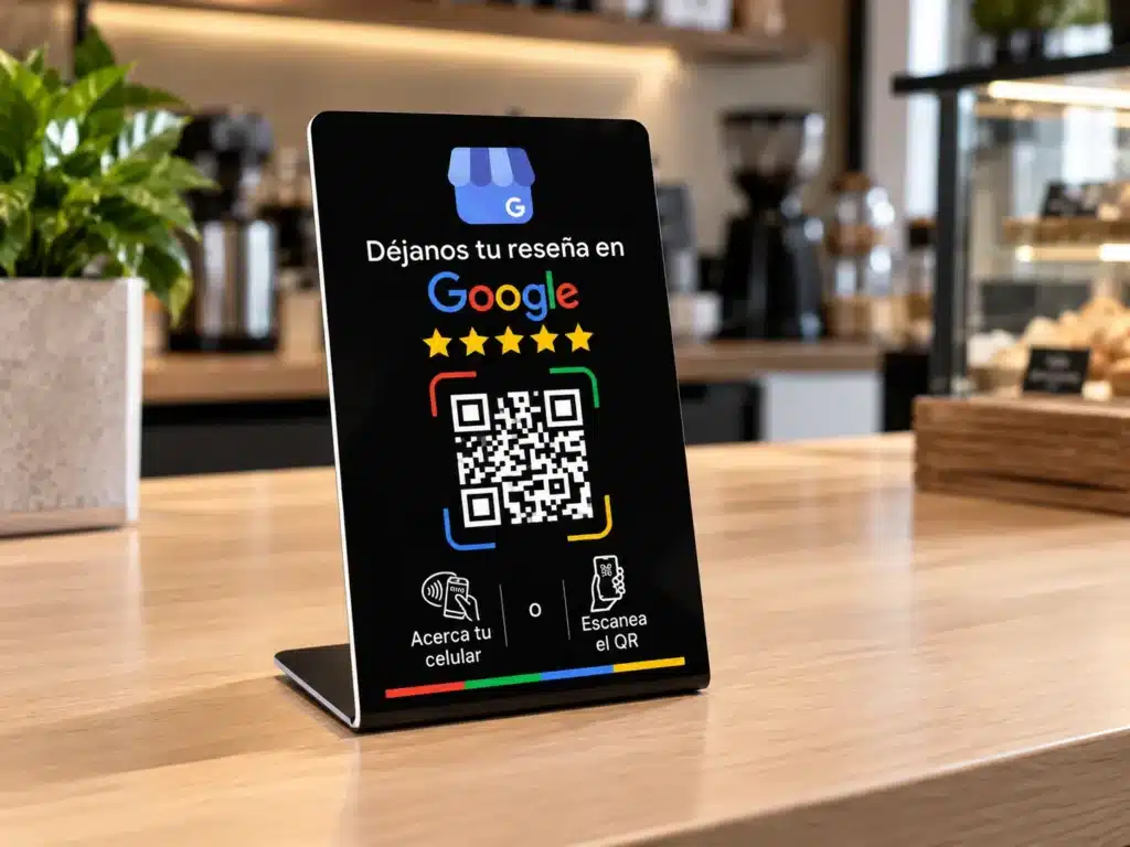 Display NFC con QR personalizado para reseñas de Google en una cafetería