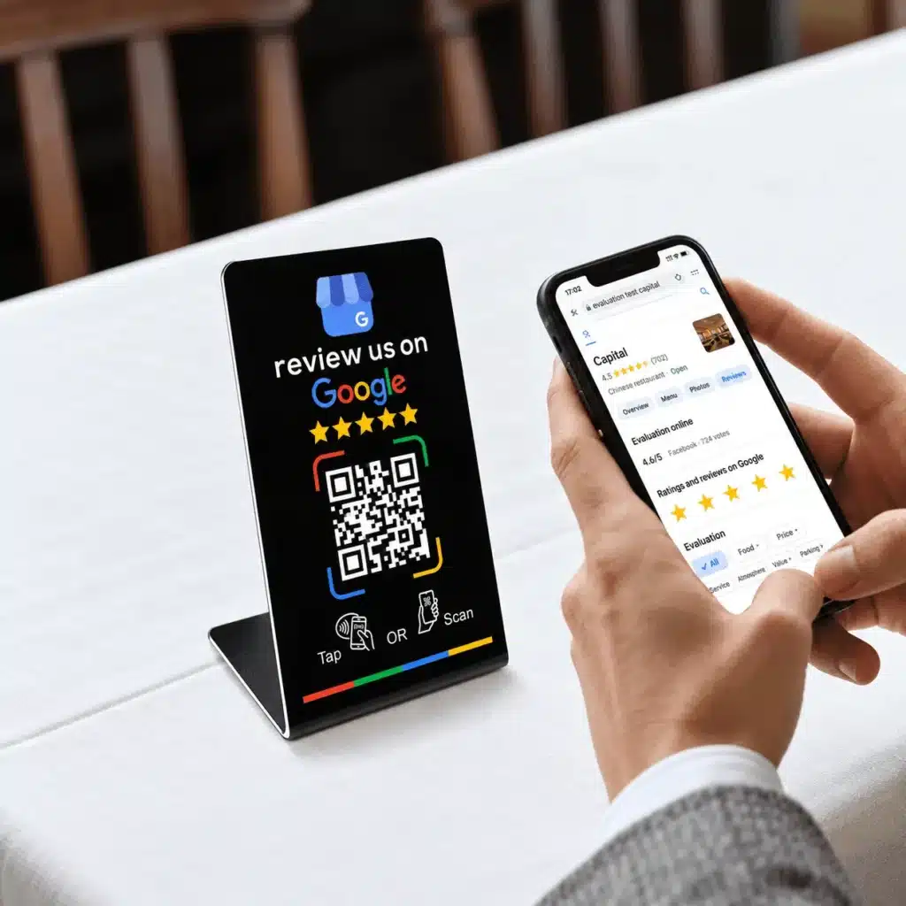 Display NFC con QR para reseñas de Google sobre la mesa de una cafetería