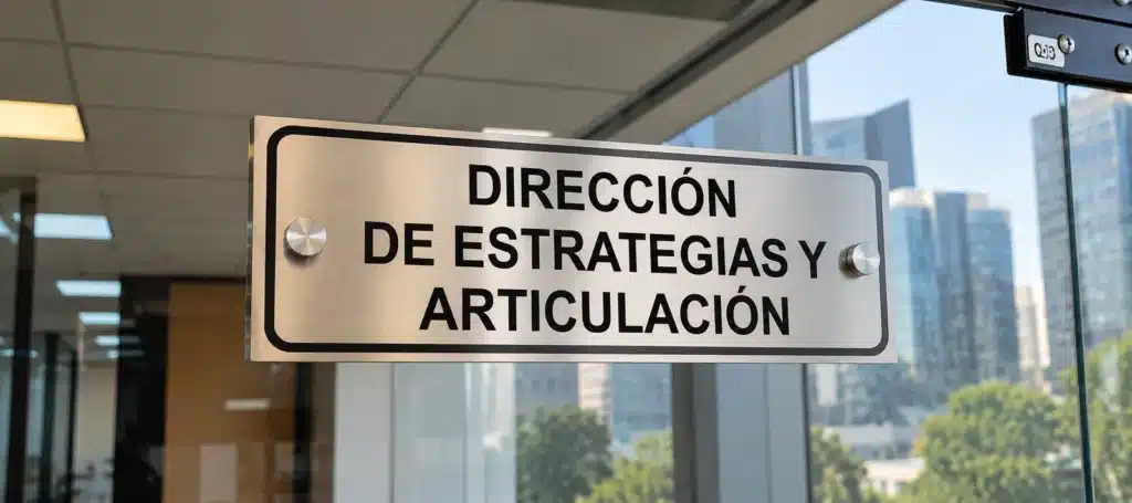 Placa de acero inoxidable con texto grabado sobre puerta de vidrio en oficina con vista a la ciudad