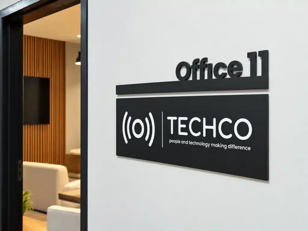 Letrero negro en relieve con logo TECHCO y número de oficina sobre pared blanca