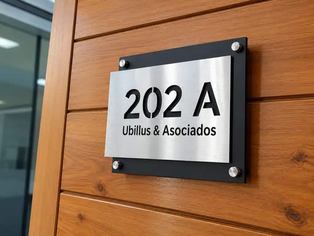 Placa de acero cepillado con número 202 A y marco negro sobre pared de madera