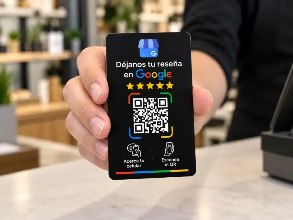 Tarjeta NFC con QR para reseñas de Google en la mano de un vendedor